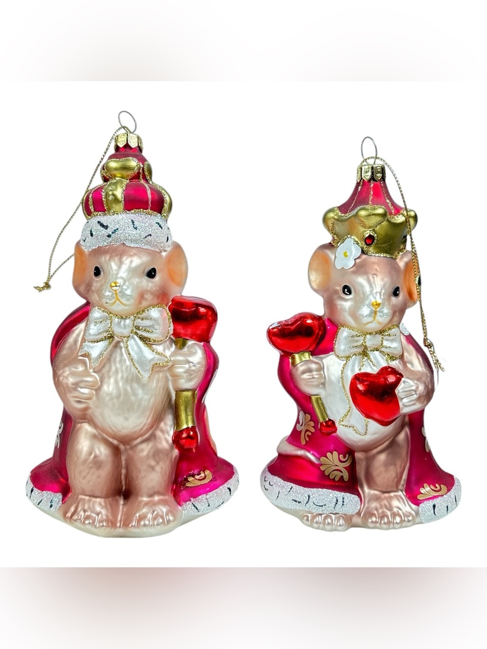 Fitz and Floyd Charming Tails King and Queen of Hearts Mouse Glass Ornaments Set